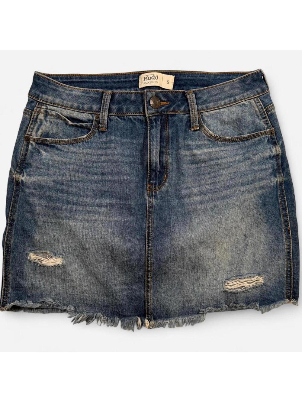 Mudd FLX Stretch Mini Denim Skirt Women’s Size 9 Y2K Distressed
